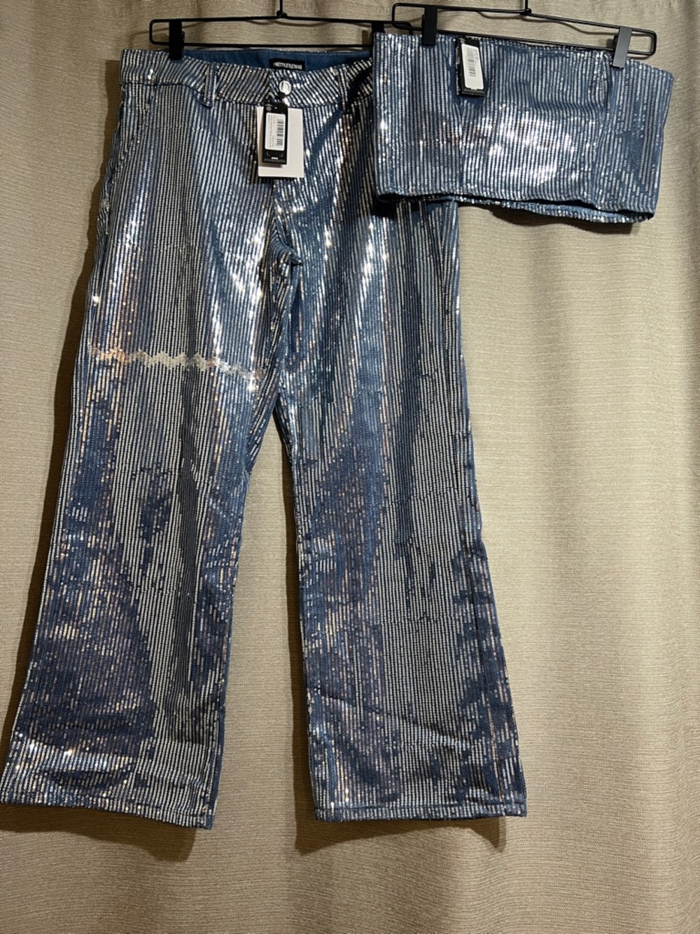 PrettyLittleThing Light Blue Sequin Bandeau & Wide Leg Jean Set Size 6/8